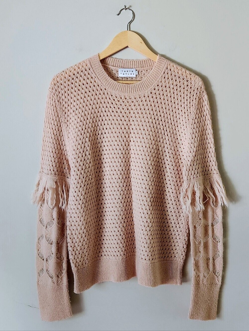 Tanya Taylor Alpaca Blend Blush Fringe Open-Knit Crewneck Sweater Sz S